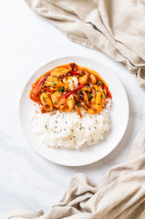 stir-fried octopus or squid and Korean spicy paste (osam bulgogi) with rice