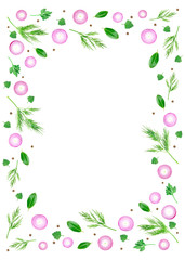An overhead photo of colorful frame made of fresh purple sliced onion with laurel bay leaves, parsley, dill and peppercorns isolated on white background. An edible vegetable pattern, top view.