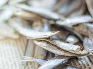 Sea sprat small fish close up on a newspaper, selective focus.