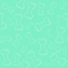 Vector dog funny seamless pattern background with bones. Contour turquoise sketch illustration.