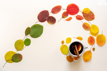 Autumn colorful leaves lie on a spiral gradient on a white background. Mugs of hot, fragrant, cocoa with orange, cinnamon and cloves. Autumn season