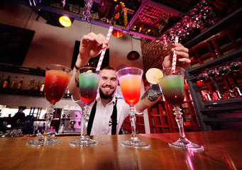 the bartender puts the tubes for cocktails in the prepared alcoholic drinks and smiles against the...