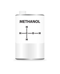 Vector metal liquid container can with methanol. Illustration of a methyl alcohol solvent. On the packaging is the name and formula of chemical substance.