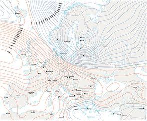 imaginary meteorological vector weather map of europe - obrazy, fototapety, plakaty