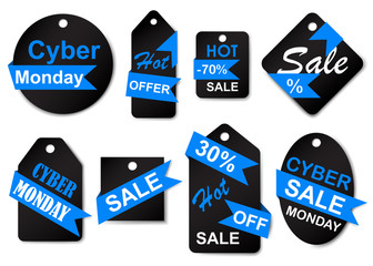 Set of cyber monday sale labels and tags in black and blue colors
