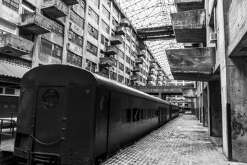 Abandoned train terminal in black and white 