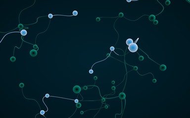 Obraz premium Neural network. Social network. Futuristic dna, deoxyribonucleic acid. Abstract molecule, cell illustration, mycelium. Dark background. 3D illustration
