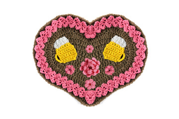 crochet Gingerbread heart shape valentines day gift with ber mug on white isolated background