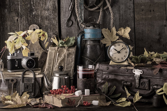  autumn still life with books, vintage suitcase. toned photo