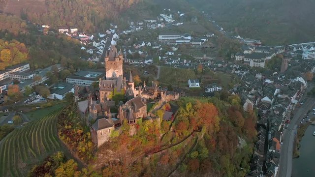 Autumnal Aerial View of Cochem Town in Germany and the Castle Overlooking the River