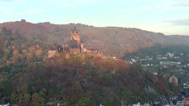 Autumnal Aerial View of Cochem Town in Germany and the Castle Overlooking the River