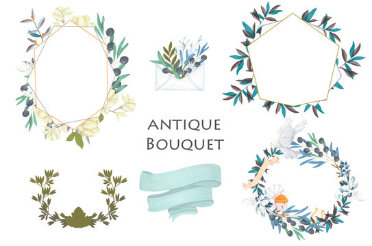 Olive bouquet Watercolor effect floral illustration with olive branches wreath circle shape and ribbon on white background