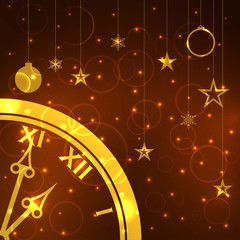 Christmas and New Year background template with clock. Vector.
