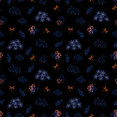 Fototapeta na wymiar Monotone seamless pattern,blue flowers with dragonfly on dark background,design for fashion,fabric,textile,print or wallpaper