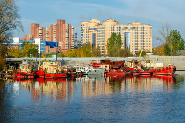 Saint-Petersburg. On the shore of the river of Ekateringofka for a small fire boats