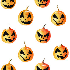 Seamless pattern with four different cute watercolor pumpkin lanterns for Halloween design