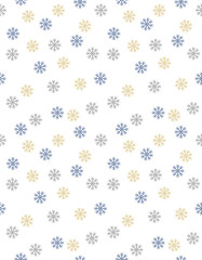 Delicate Hand Drawn Snowflakes Irregular Vector Pattern. Gold, Gray and Blue Snowflakes on a White Background. Christmas Subtle Decoration. Winter Simple Bright Design.   