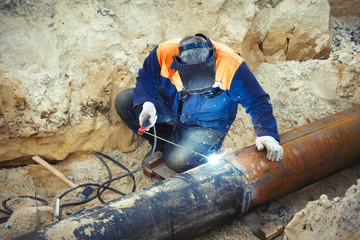 Welding of the pipeline. Process of creation of welding connection by the special mobile tool.