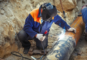 Welding of the pipeline. Process of creation of welding connection by the special mobile tool.