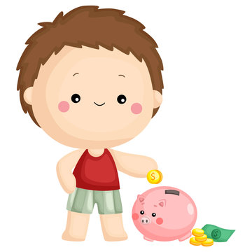 a kid putting his money in the piggy bank