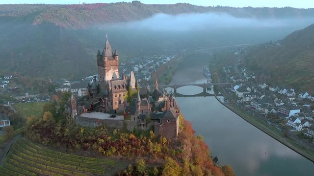 Autumnal Aerial View of Cochem Town in Germany and the Castle Overlooking the River