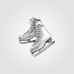 Hand Drawn Skates Sketch Symbol isolated on white background. Vector of winter elements In Trendy Style - 229372353