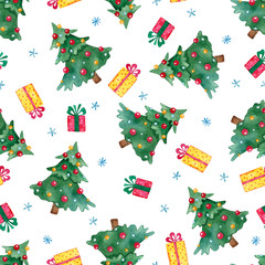 New Year seamless pattern with Christmas tree, gifts and snowflakes.