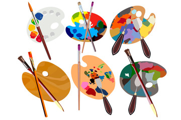 Set. Wooden palette for oil paints with brushes and palette knife isolated on white background. Top view.