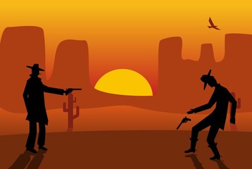 Two gunslingers duel. Desert sunset. Color flat vector illustration.