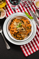 Italian risotto with tomato sauce on the table.