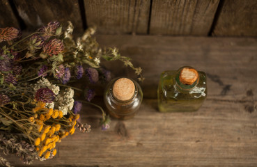 dried healthy plants, bottle of tincture or infusion. Top view. Herbal medicine.