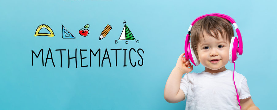 Mathmatics with toddler boy with headphones on a blue background