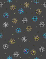 Delicate Hand Drawn Snowflakes Vector Irregular Pattern. Gold, Light Gray and Blue Snowflakes on a Dark Gray Background. Gold Tiny Dots. Christmas Subtle Decoration. Winter Simple Design.   