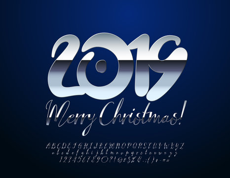 Vector stylish Greeting card with handwritten congratulation Merry Christmas 2019. Silver Calligraphic Font.