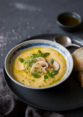 Cheese cream soup with mushrooms, herbs and white bread in gray plate on black background
