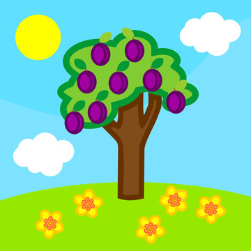 Cartoon summer landscape with plum tree with ripe fruits, blue sky, white clouds and yellow sun