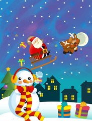Obraz na płótnie Canvas Christmas happy scene with different animals santa claus and snowman - illustration for the children