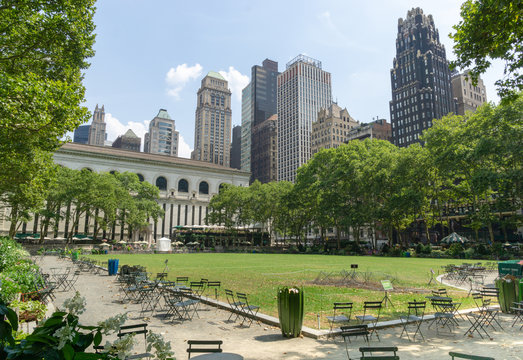 Green Lawn and Skyscrapers in Bryant Park in Midtown Manhattan, New York, USA
