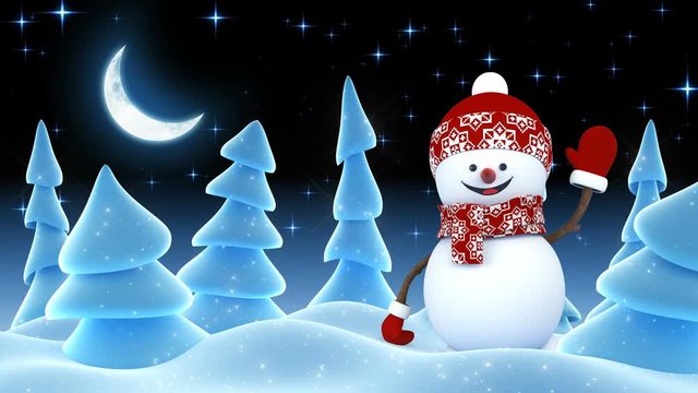 Funny Snowman in Red Cap Greeting with Hand and Smiling in Night Winter Forest. Beautiful 3d Cartoon Animation. Animated Greeting Card. Merry Christmas Happy New Year Concept. 4k Ultra HD 3840x2160.