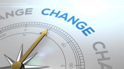 Compass with the text CHANGE right path, concept video for good direction white shiny background