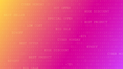 Cyber monday background of zeros, ones and inscriptions in purple and yellow colors