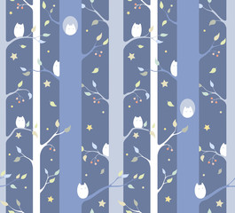 Owl forest - seamless pattern blue