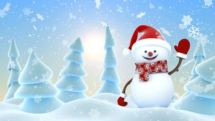 Cute Snowman in Red Santa Hat Greeting with Hands and Smiling in Sunny Snowfall. Beautiful 3d Cartoon Animation. Animated Greeting Card. Merry Christmas Happy New Year Concept. 4k Ultra HD 3840x2160 - Powered by Adobe