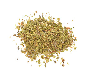 Pile of dried oregano leaves isolated on white background