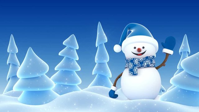Happy Snowman in Blue Santa Hat Greeting with Hands and Smiling in Winter Forest. Beautiful 3d Cartoon Animation. Animated Greeting Card. Merry Christmas Happy New Year Concept. 4k Ultra HD 3840x2160