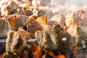 Grilled meat, Golden pork with skewers and wooden handles. A lot of smoke in the process of cooking fragrant meat dishes in nature. Summer kitchen. Raw meat on fire.