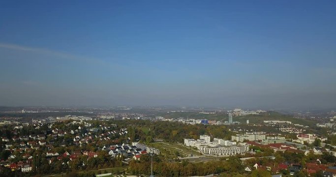 Aerial view Drone footage of the city of Stuttgart in Baden Württemberg in Germany in summer