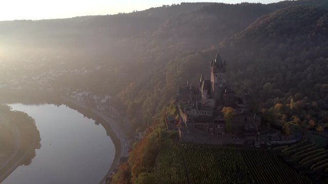 Autumnal Aerial View of Cochem Town in Germany and the Castle Overlooking the River