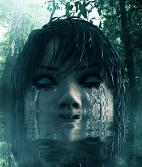 3d illustration of Ghost woman in the lake,Scary background mixed media