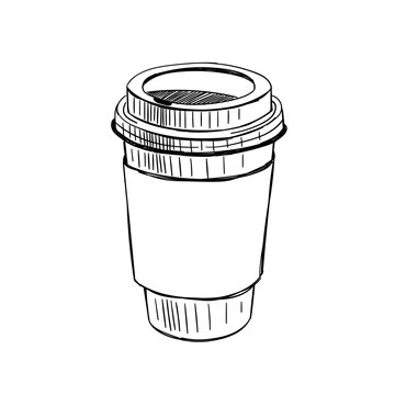 Paper Coffee Cup Hand Drawn Vector Illustration On White Background. Coffee To Go Outline Sketch Drawing